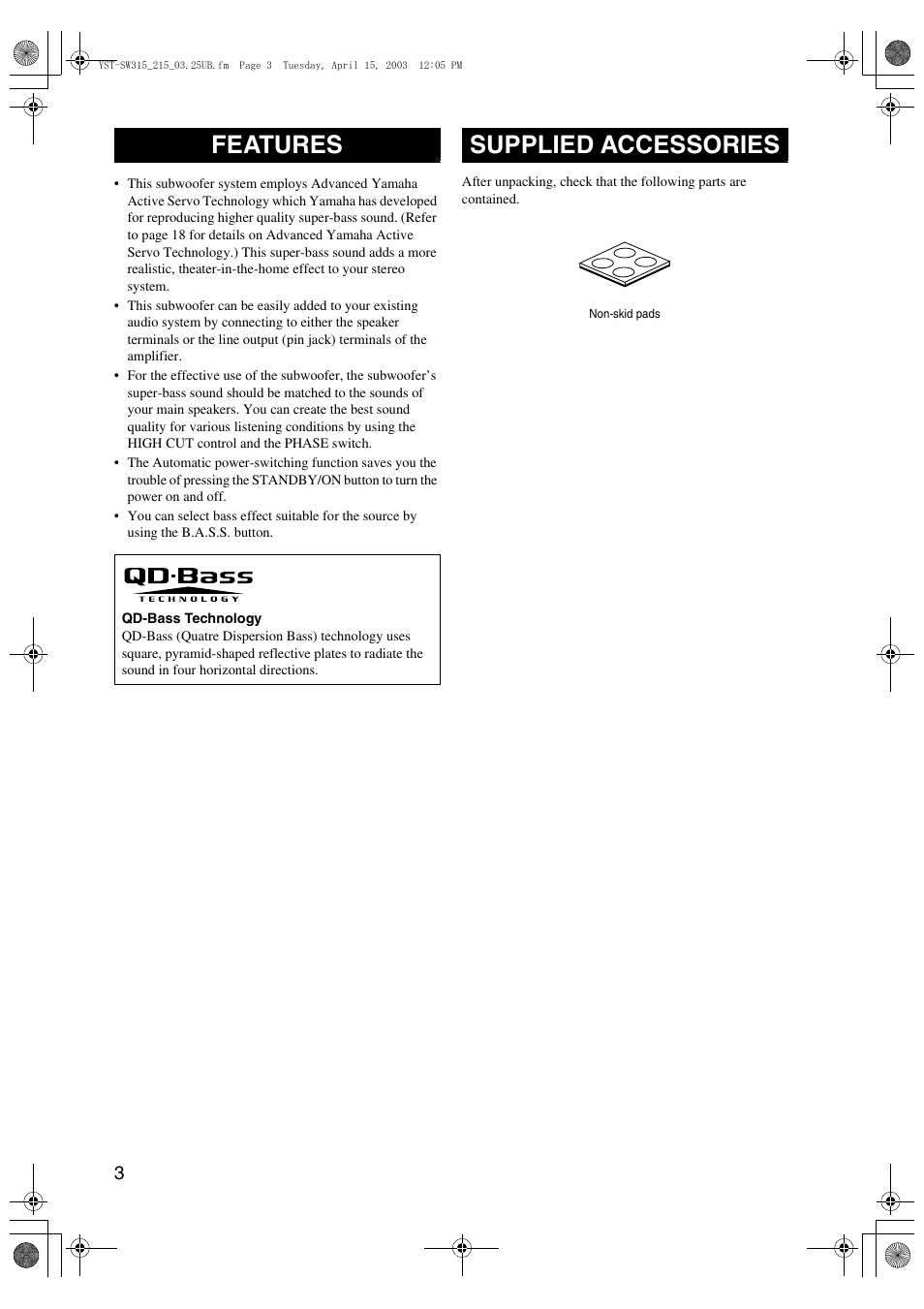 Features, Supplied accessories | Yamaha YST-SW215 User Manual | Page 6 / 24