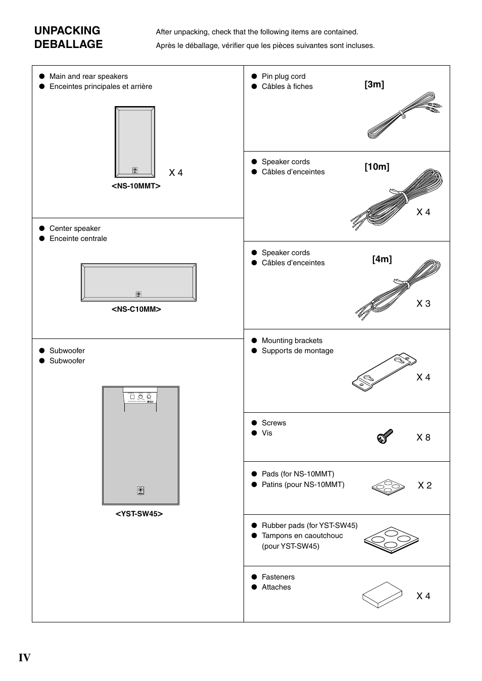 Unpacking, Iv unpacking, Deballage | Yamaha NS-P610 User Manual | Page 4 / 21