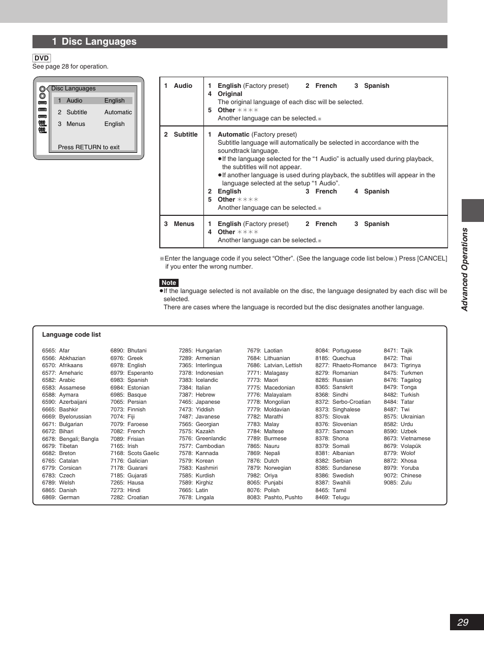 1 disc languages, Advanced operations | Yamaha DV-S5270 User Manual | Page 29 / 40