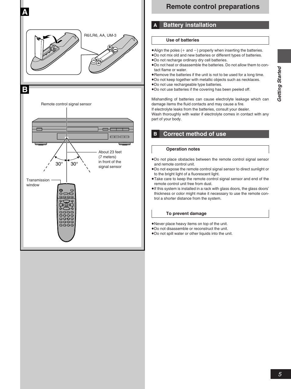 Remote control preparations, Battery installation, Correct method of use | Yamaha DV-S5270 User Manual | Page 5 / 40