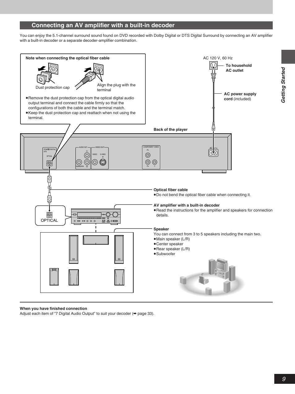 Connecting an av amplifier with a built-in decoder, Getting started | Yamaha DV-S5270 User Manual | Page 9 / 40