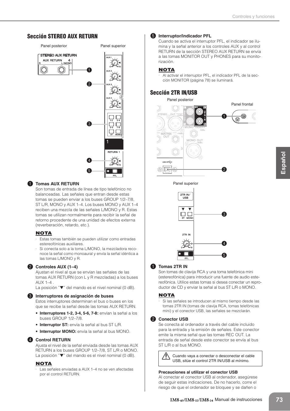 Sección stereo aux return, Sección 2tr in/usb, English español français deutsc h | 73 sección stereo aux return 1, Sección 2tr in/usb 1 | Yamaha IM8-32 User Manual | Page 13 / 33