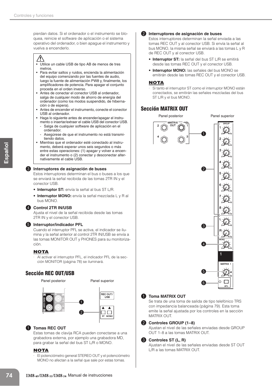 Sección rec out/usb, Sección matrix out, English español deutsc h | Sección rec out/usb 1, Sección matrix out 1 | Yamaha IM8-32 User Manual | Page 14 / 33