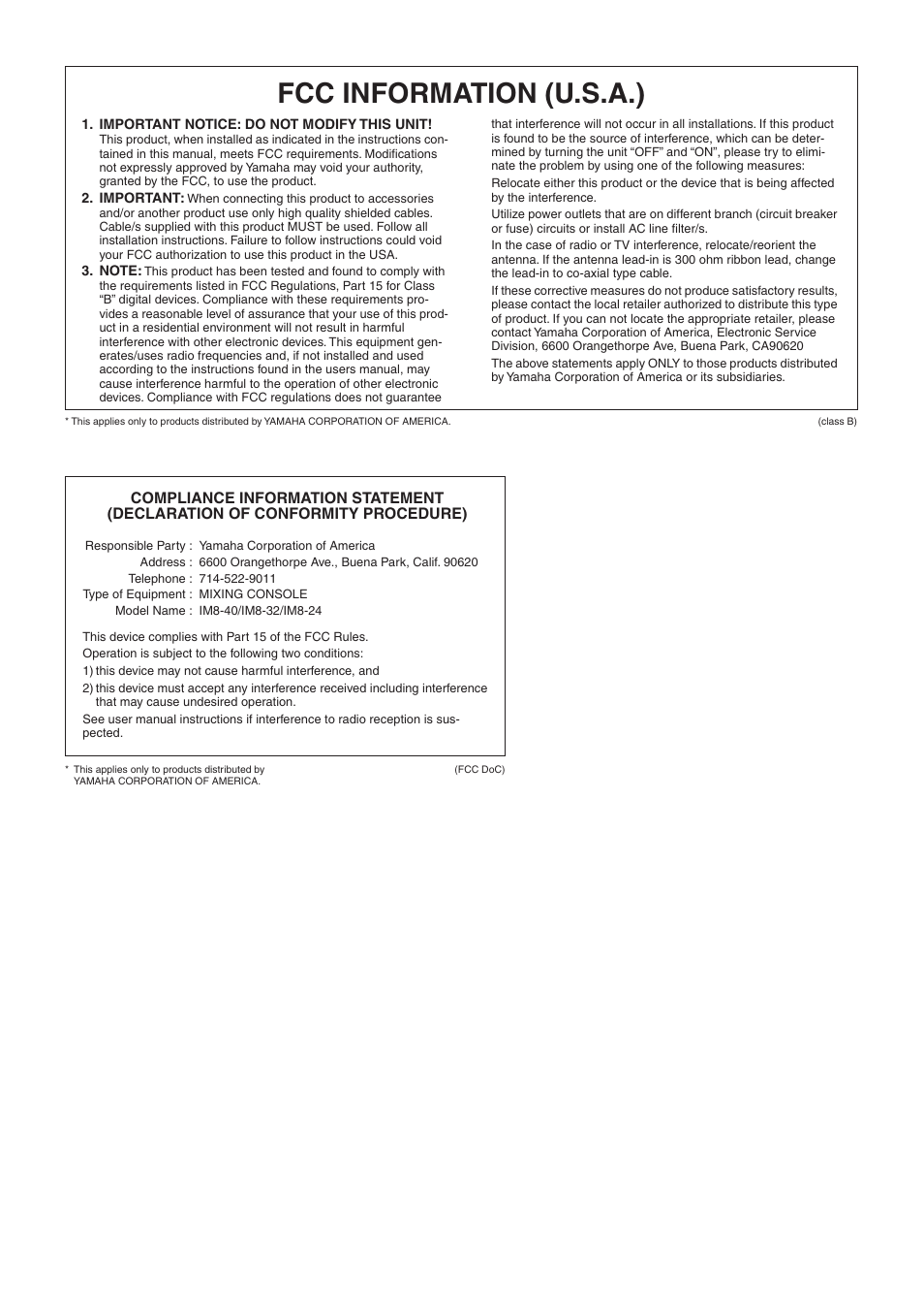 Fcc information (u.s.a.) | Yamaha IM8-32 User Manual | Page 2 / 33