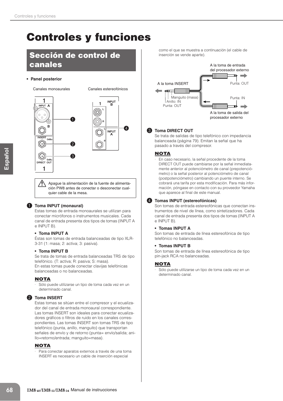 Controles y funciones, Sección de control de canales, English español deutsc h | Yamaha IM8-32 User Manual | Page 8 / 33