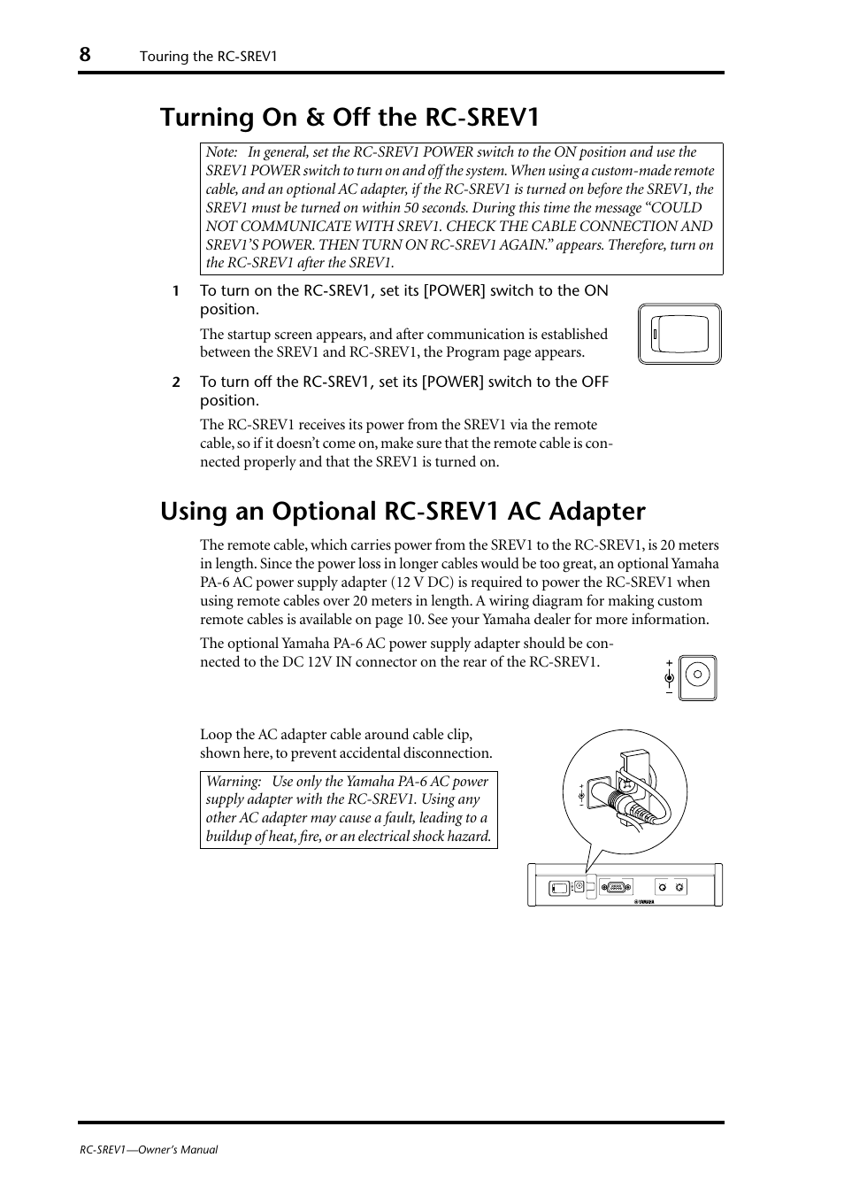 Turning on & off the rc-srev1, Using an optional rc-srev1 ac adapter | Yamaha RC-SREV1 User Manual | Page 10 / 50