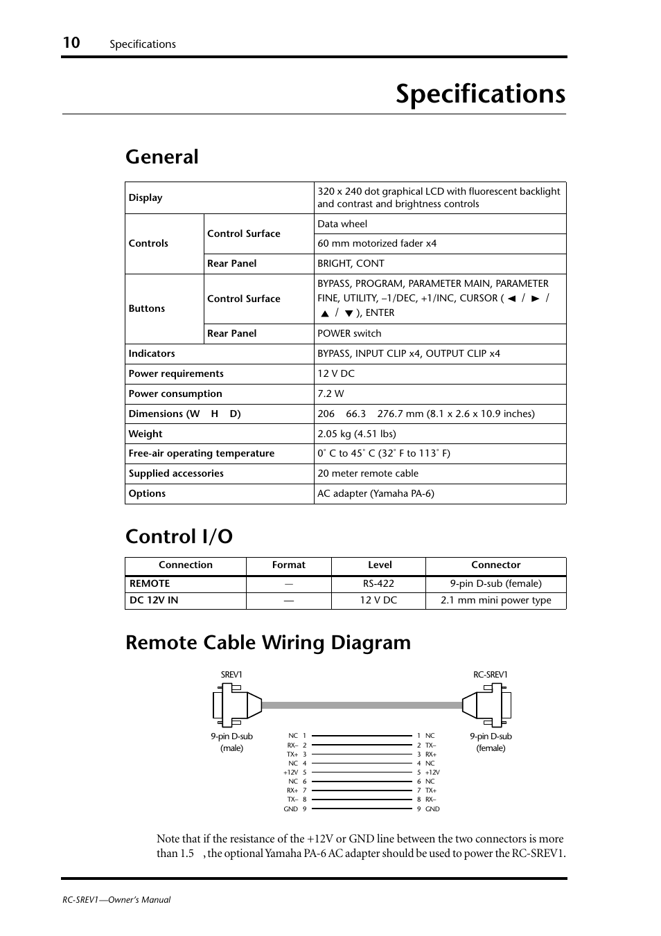 Specifications, General, Control i/o | Remote cable wiring diagram, General control i/o remote cable wiring diagram | Yamaha RC-SREV1 User Manual | Page 12 / 50