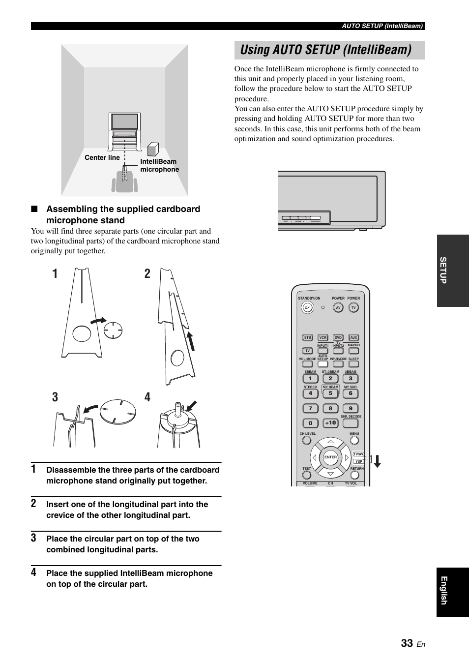 Using auto setup (intellibeam), 12 3 4 using auto setup (intellibeam), Assembling the supplied cardboard microphone stand | Setup english | Yamaha DIGITAL SOUND PROJECTOR HTY-750 User Manual | Page 35 / 98
