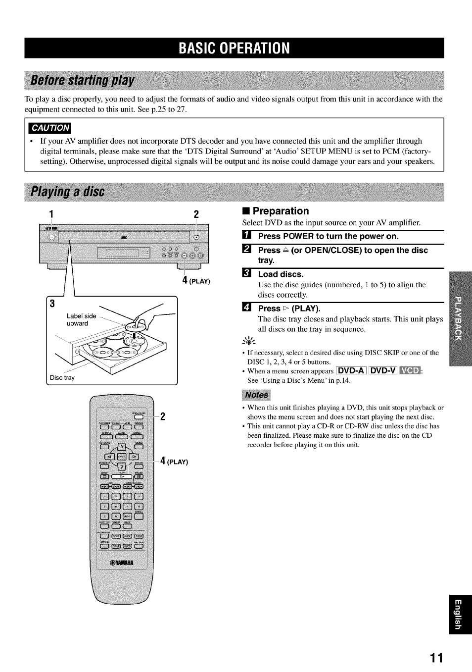 Basic operation, Before starting play, Playing a disc | Preparation, Ii press power to turn the power on, Press ^ (or open/close) to open the disc tray, El load discs, Press > (play) | Yamaha DVD-C920 User Manual | Page 15 / 36