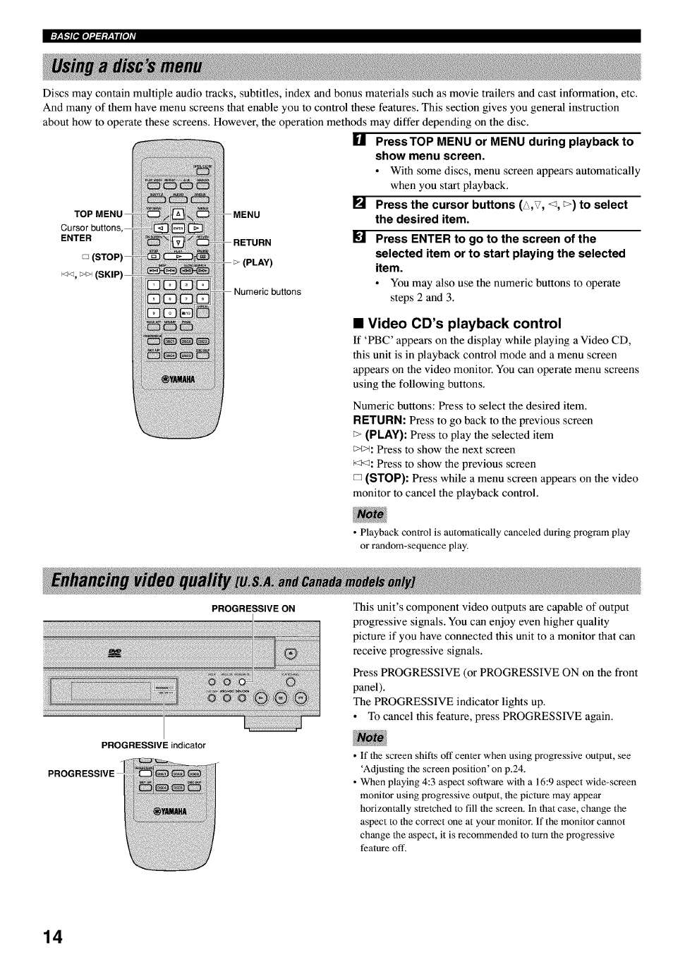 Using a disc’s menu, Chdedcb, Gdde | Cddedd, Press the cursor buttons (a,v, the desired item, O) to select, Video cd’s playback control, Enhancing video guaiity | Yamaha DVD-C920 User Manual | Page 18 / 36