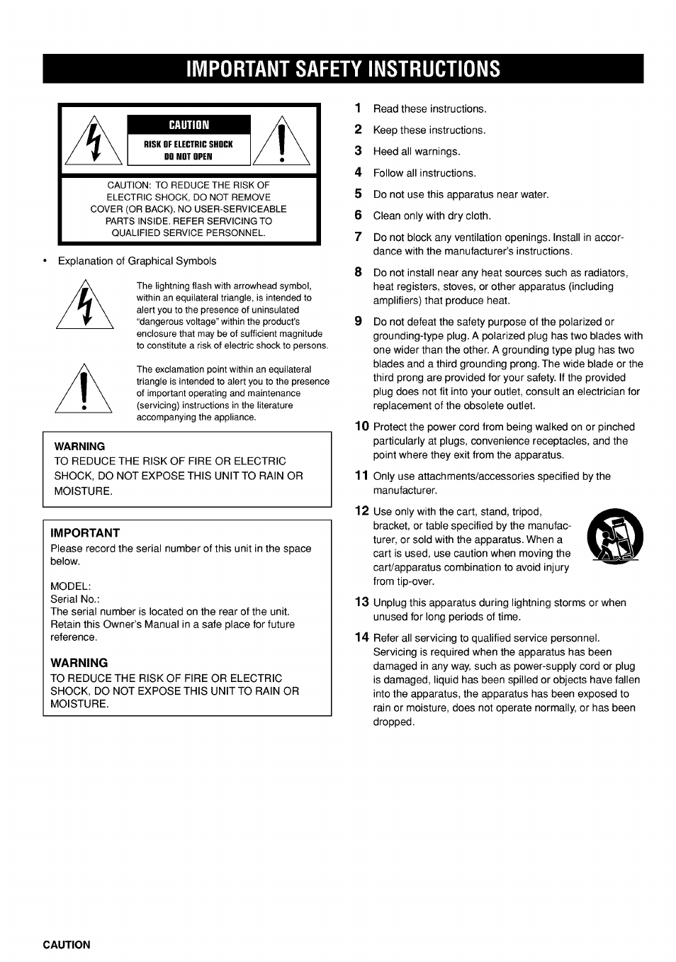 Important safety instructions, Caution, Important | Warning | Yamaha DVD-C920 User Manual | Page 2 / 36