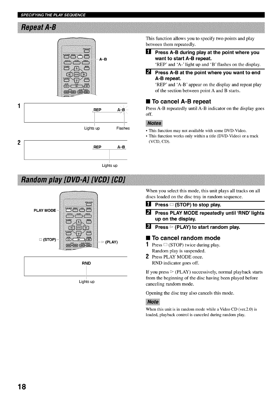 Repeat a-b, To cancel a-b repeat, Random play [dvd-a] [vcd] [cd | Il press n (stop) to stop play, El press > (play) to start random play, To cancel random mode | Yamaha DVD-C920 User Manual | Page 22 / 36