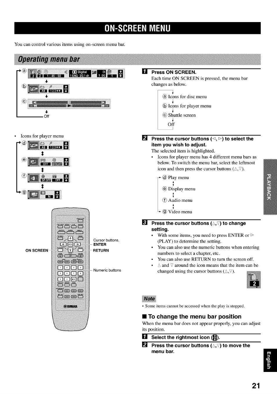 On-screen menu, Operating menu bar, El press on screen | Cibcibcid, 3zie3 cel, Aaoe, Cdhom, Cddedo, To change the menu bar position, El select the rightmost icon (g) | Yamaha DVD-C920 User Manual | Page 25 / 36