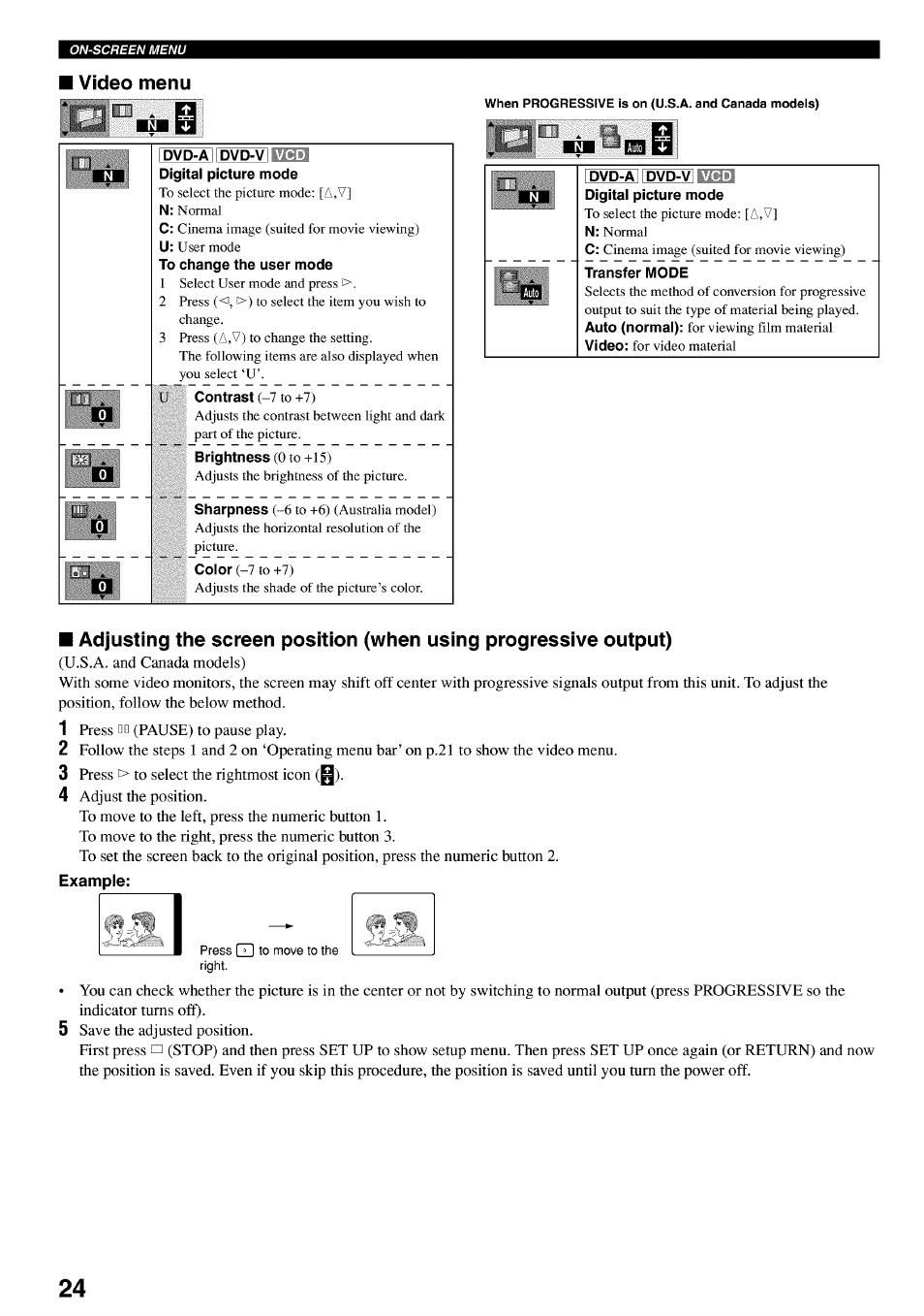 I video menu, Example | Yamaha DVD-C920 User Manual | Page 28 / 36