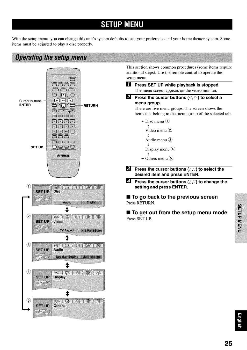 Setup menu, Operating the setup menu, Ii press set up while playback is stopped | To go back to the previous screen, To get out from the setup menu mode, 3z1q cel, Edede] edgdedgd edgdsd | Yamaha DVD-C920 User Manual | Page 29 / 36