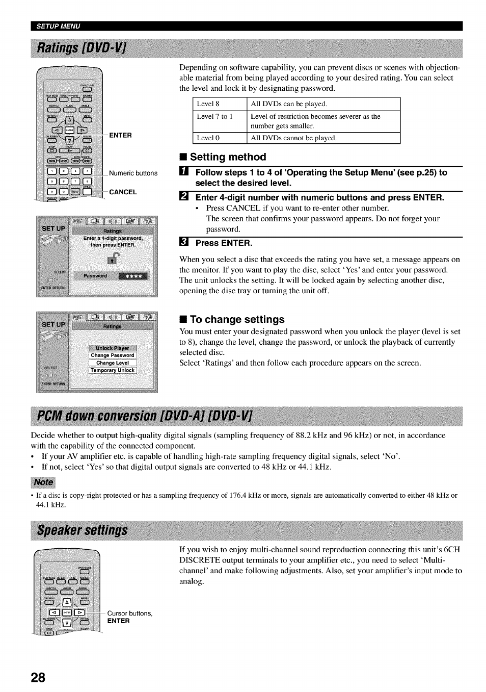 Ratings [dvd-v, Setting method, El press enter | To change settings, Pcm down conversion [dvd-a] [dvd-v, Speaker settings | Yamaha DVD-C920 User Manual | Page 32 / 36