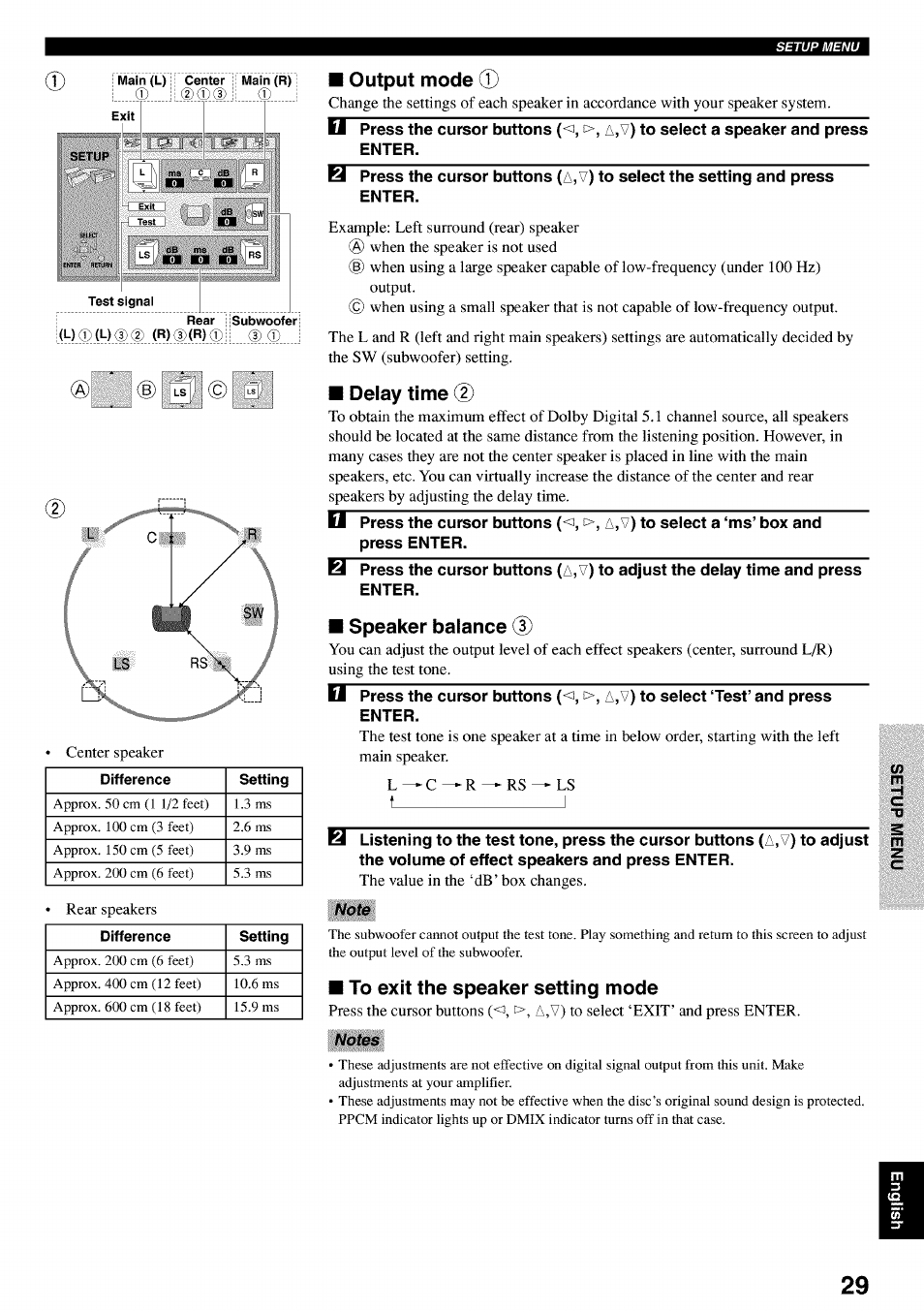 Output mode, Delay time (d, Speaker balance (d | To exit the speaker setting mode, T_ _ _ _ _ _ _ _ _ _ _ _ _ _ _ _ _ _ i | Yamaha DVD-C920 User Manual | Page 33 / 36