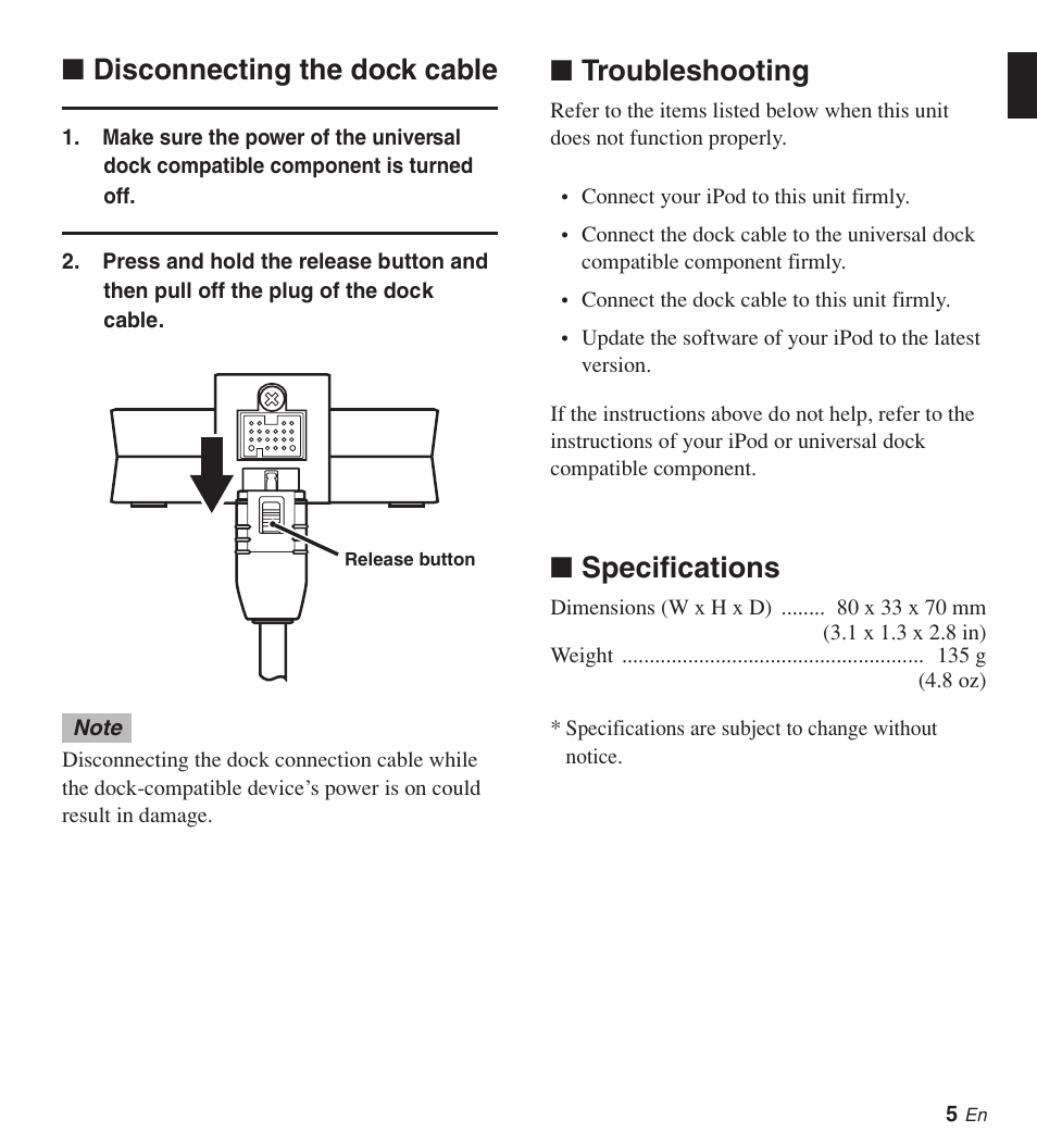 Disconnecting the dock cable, Troubleshooting, Specifications | Yamaha YDS-11 User Manual | Page 8 / 9