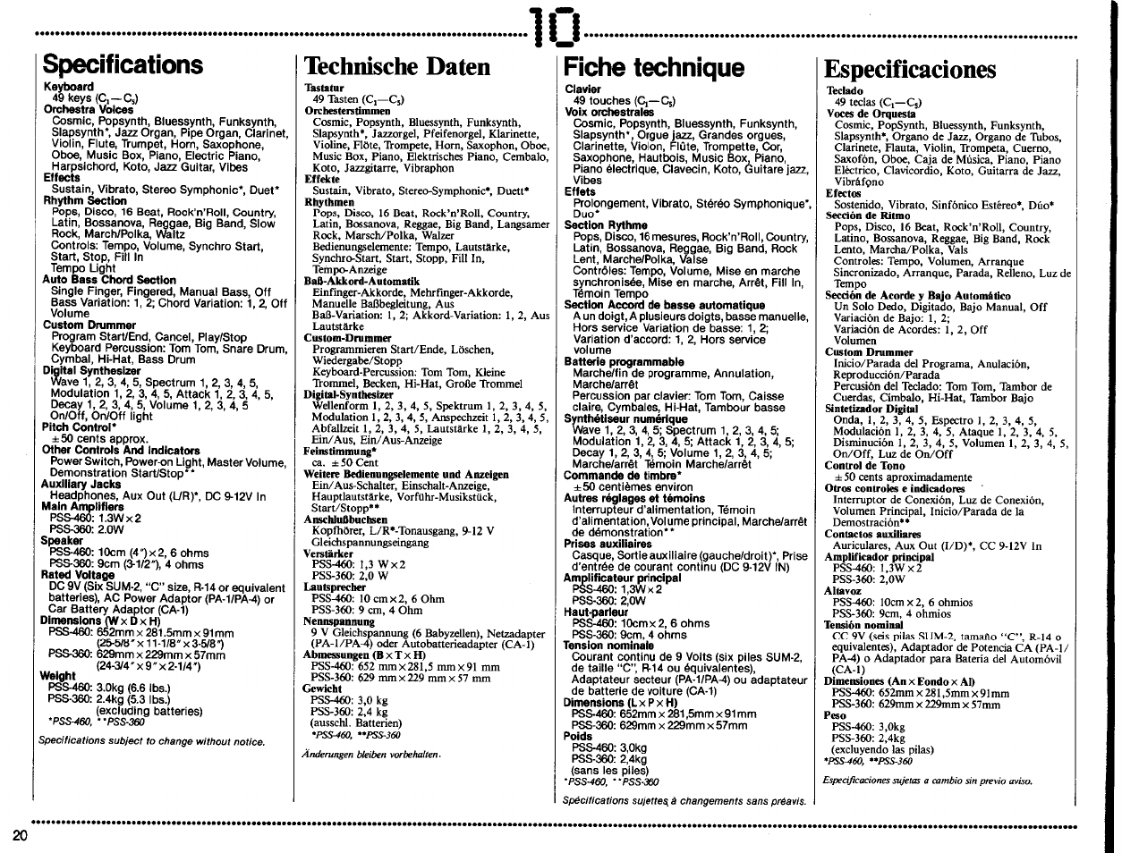 Specifications, Technische daten, Fiche technique | Especificaciones | Yamaha PortaSound PSS-460 User Manual | Page 22 / 24