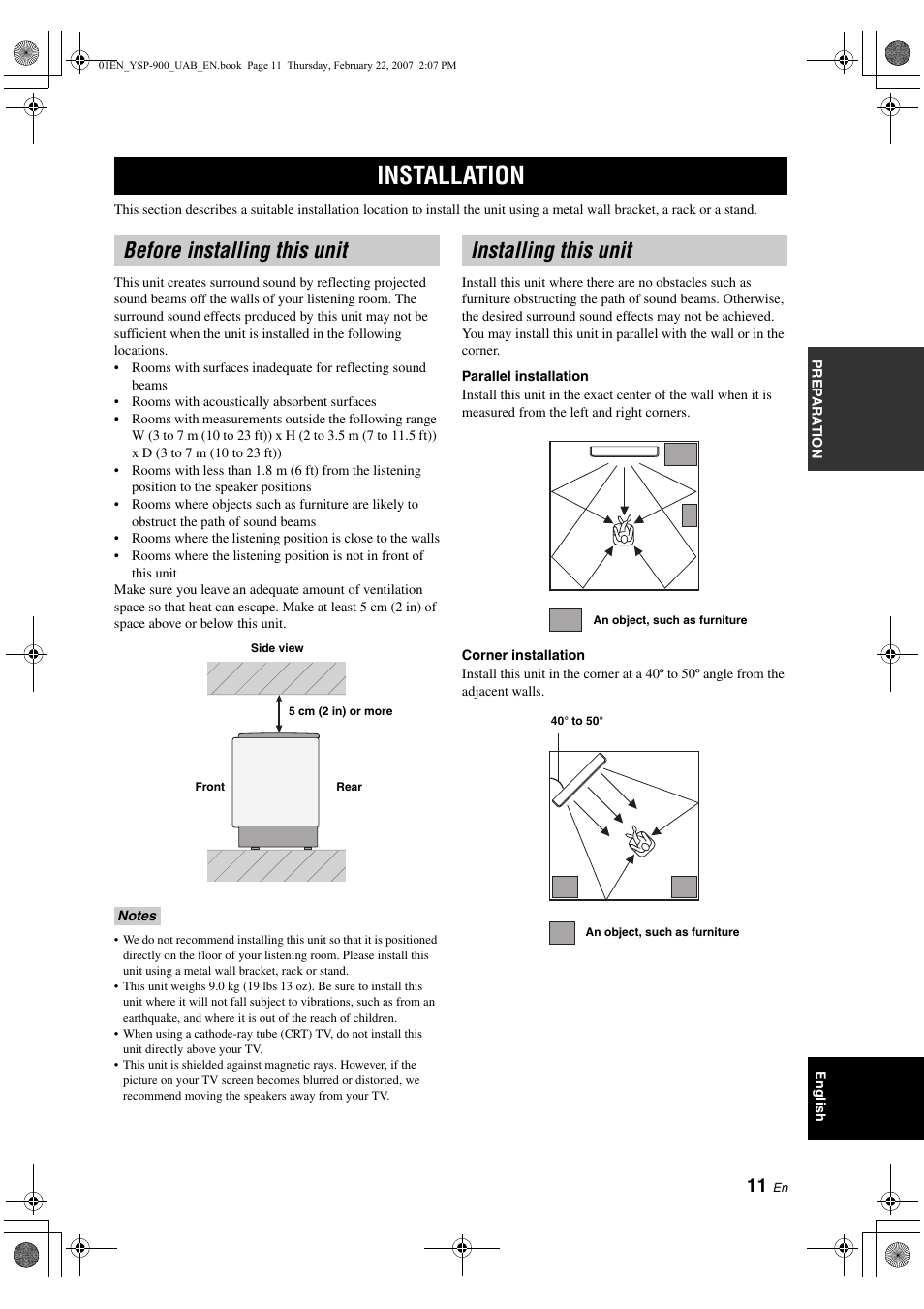 Preparation, Installation, Before installing this unit | Installing this unit, Connecting a vcr, Connecting a digital satellite tuner or, A cable tv tuner | Yamaha Digital Sound YSP-900 User Manual | Page 15 / 96