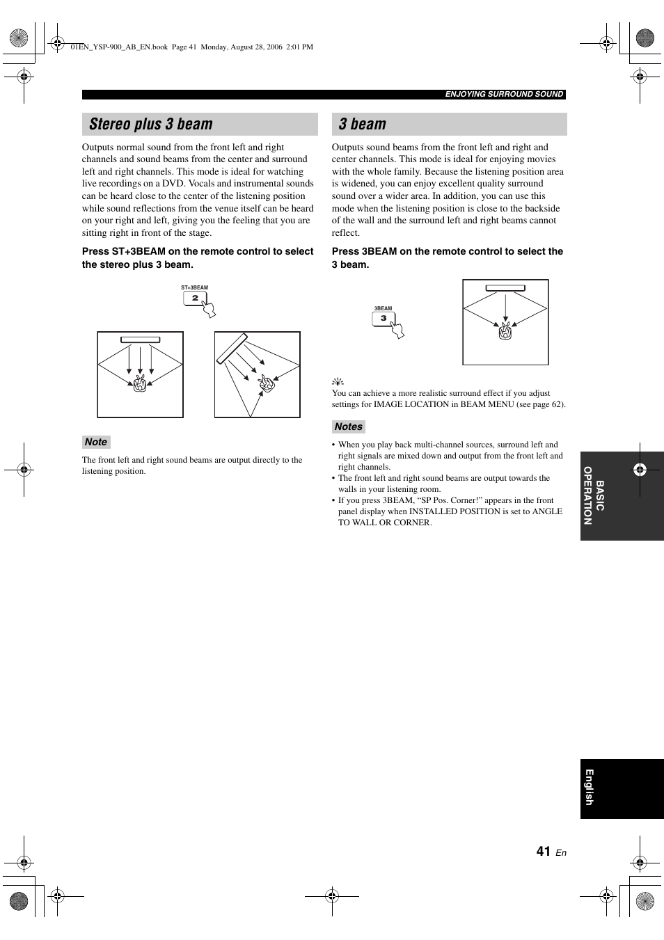 Stereo plus 3 beam, 3 beam | Yamaha Digital Sound YSP-900 User Manual | Page 45 / 96