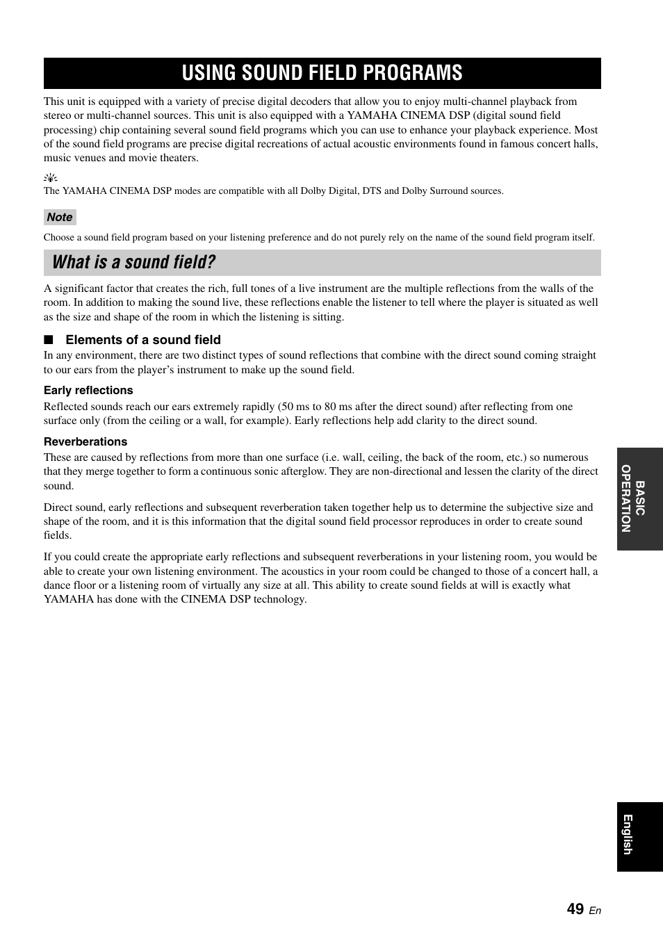 Using sound field programs, What is a sound field, Night listening mode/tv volume equal mode) | Yamaha Digital Sound YSP-900 User Manual | Page 53 / 96