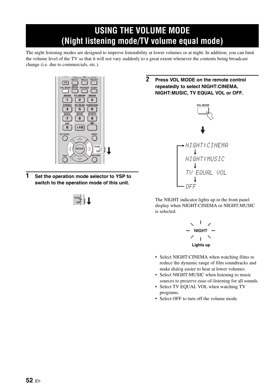 Setting the sleep timer, Canceling the sleep timer, Night:cinema night:music tv equal vol off | Yamaha Digital Sound YSP-900 User Manual | Page 56 / 96