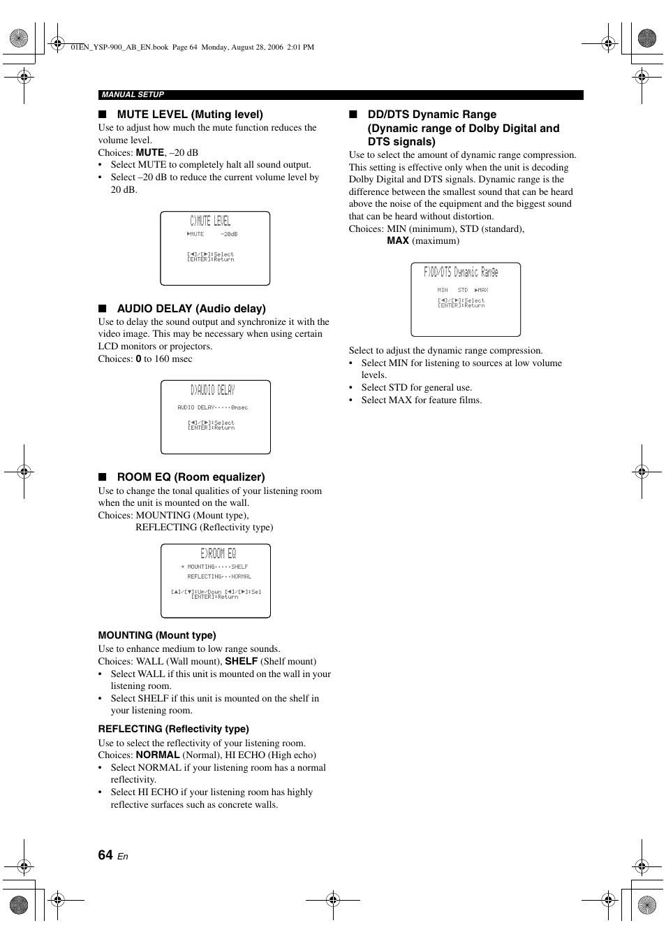 C) mute level, D) audio delay, E)room eq | F)dd/dts dynamic range, Mute level (muting level), Audio delay (audio delay), Room eq (room equalizer) | Yamaha Digital Sound YSP-900 User Manual | Page 68 / 96