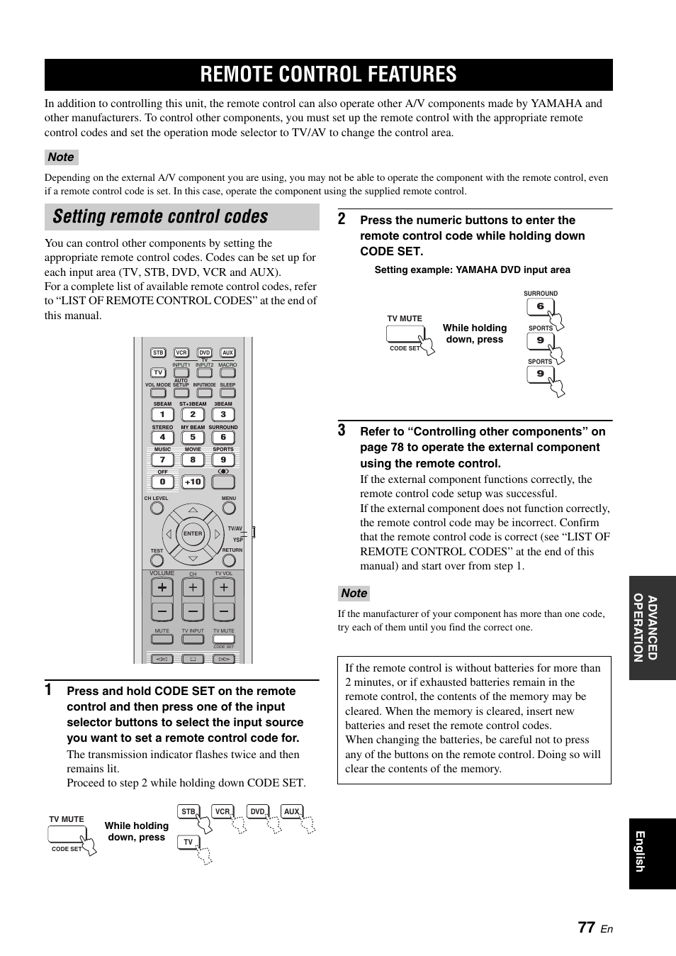 Remote control features, Setting remote control codes, Additional information | Yamaha Digital Sound YSP-900 User Manual | Page 81 / 96