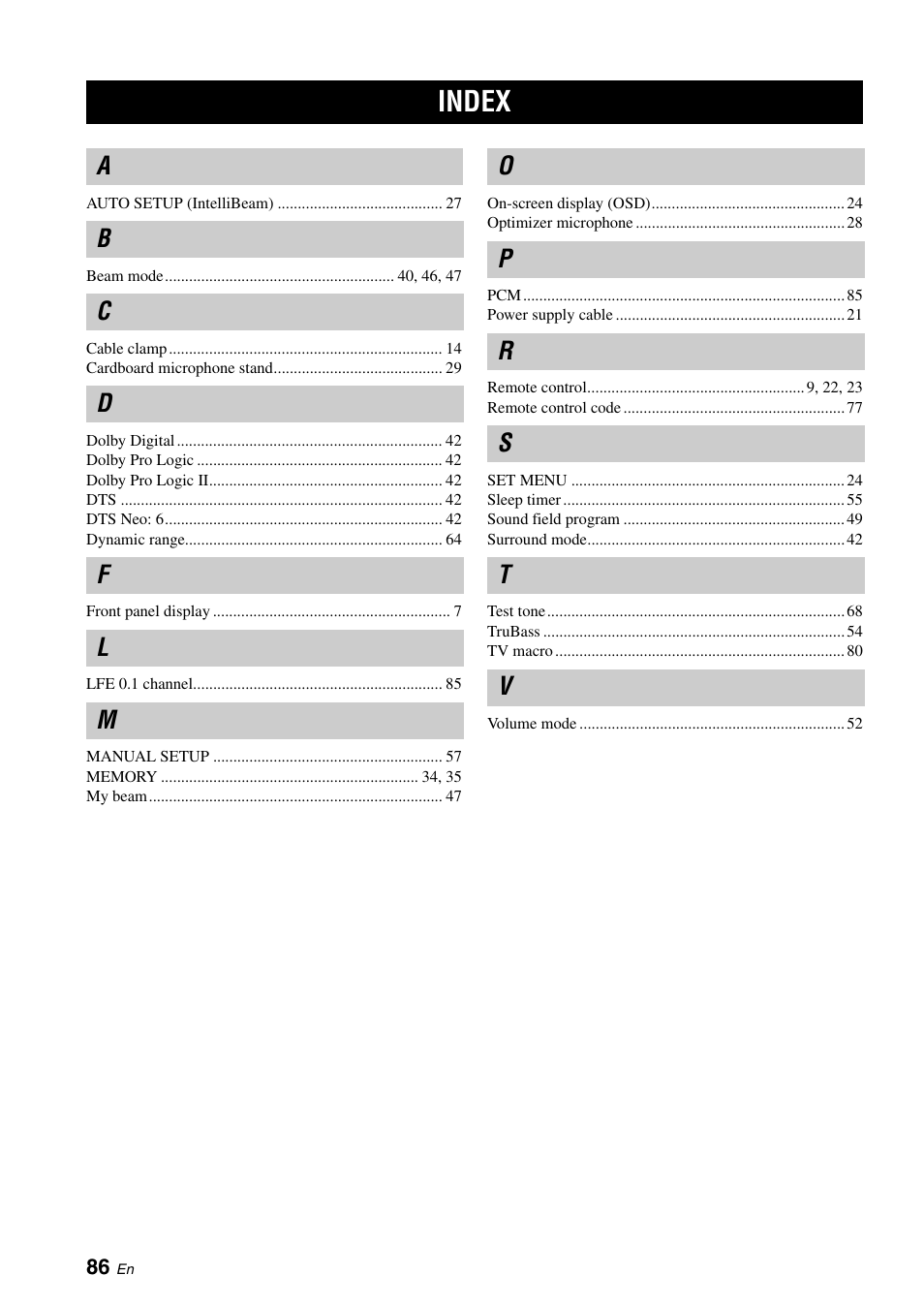 Index | Yamaha Digital Sound YSP-900 User Manual | Page 90 / 96