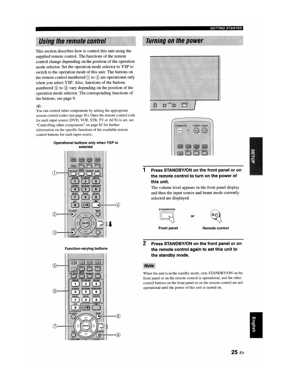 Using the remote control, Turning on the power, Nate | Using the remote control turning on the power | Yamaha YSP-1100 User Manual | Page 29 / 104