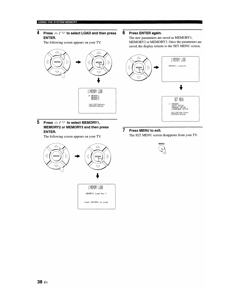 4 press to select load and then press, Enter, 6 press enter again | 7 press menu to exit, Dtftffi'/ loi, Se! if i | Yamaha YSP-1100 User Manual | Page 42 / 104