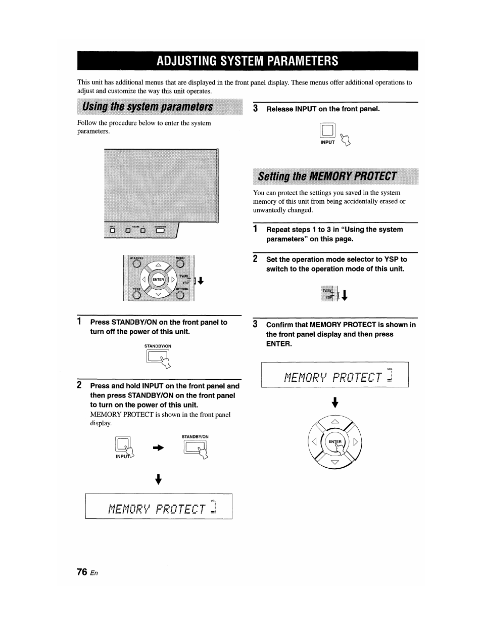 Adjusting system parameters, Using the system parameters, Setting the mmory protect | Yamaha YSP-1100 User Manual | Page 80 / 104