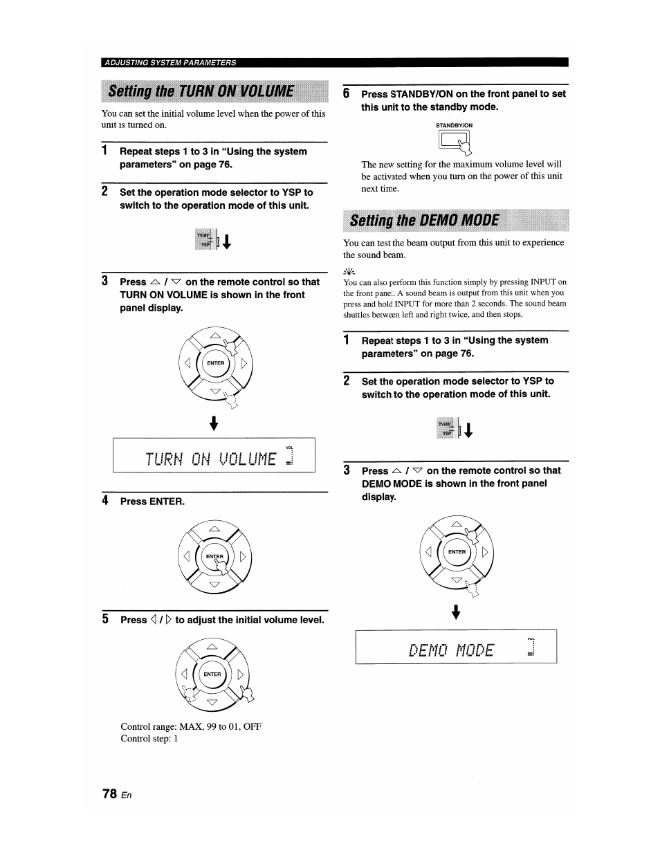 Setting the turn on volume, Setting the demo mode, Setting the turn on volume setting the demo mode | Urh oh oolufle, Demo mode | Yamaha YSP-1100 User Manual | Page 82 / 104