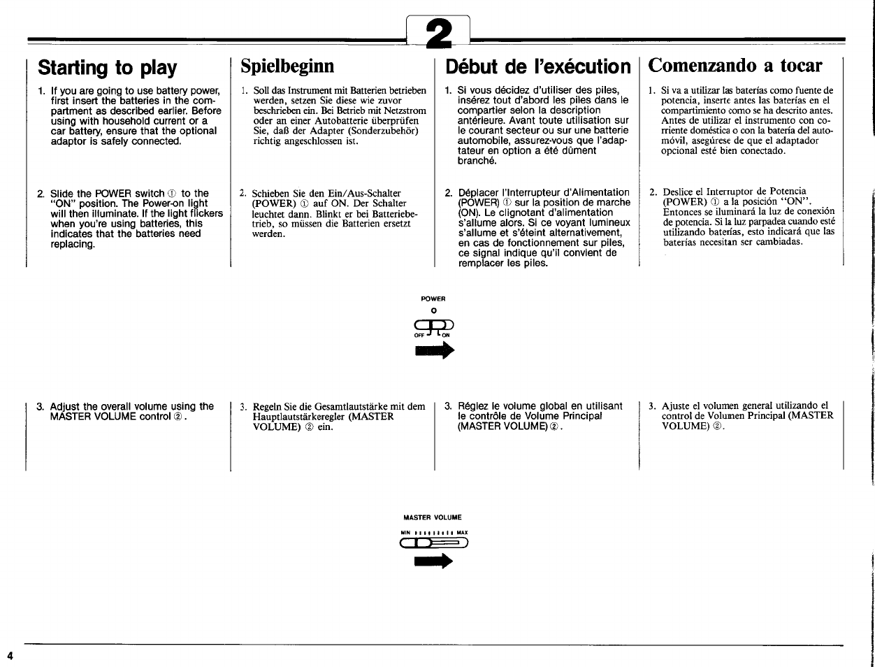 Starting to play, Spielbeginn, Début de l’exécution | Comenzando a tocar | Yamaha Portatone PCR-800 User Manual | Page 6 / 35