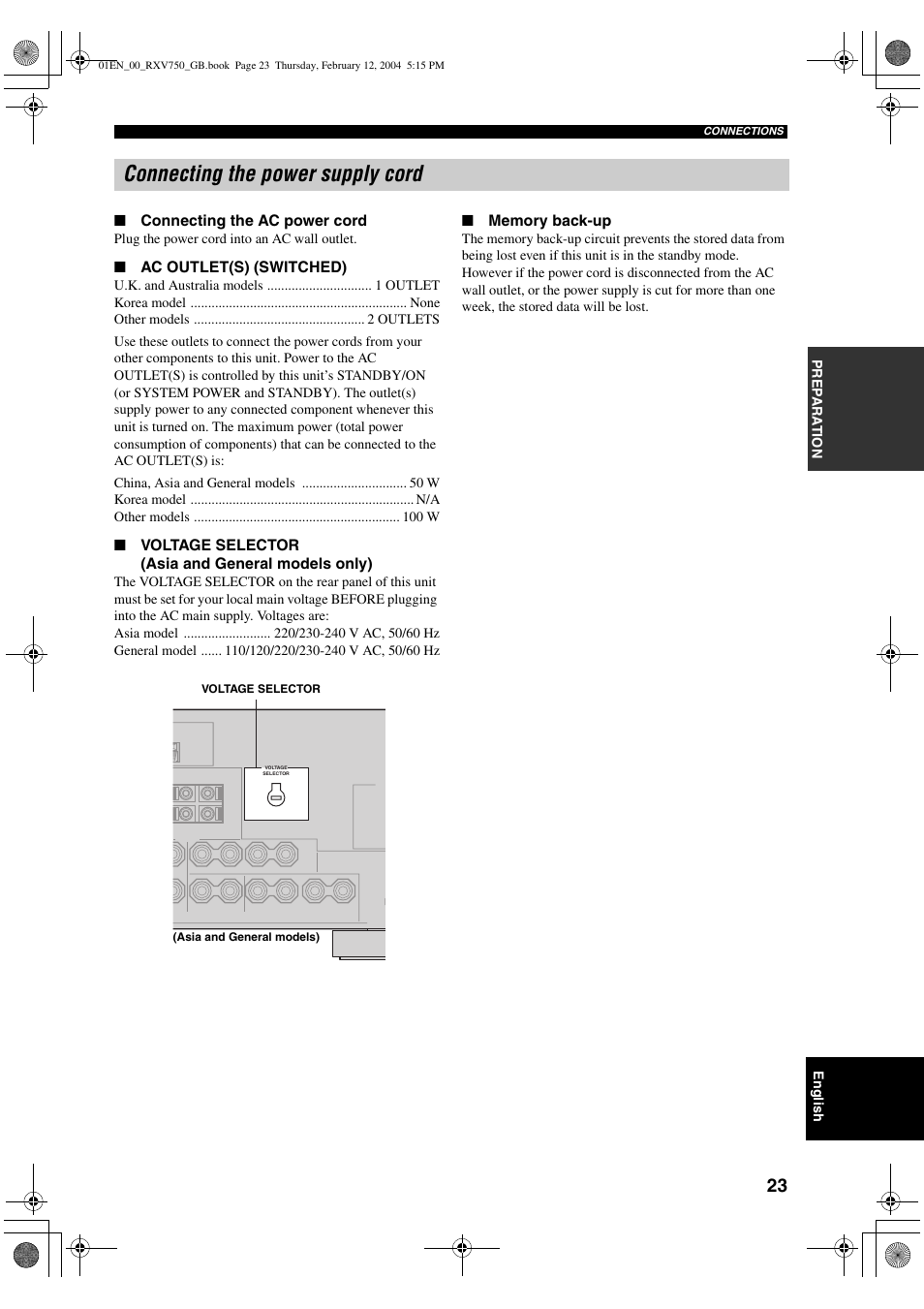 Connecting the power supply cord | Yamaha DSP-AX750SE User Manual | Page 25 / 91