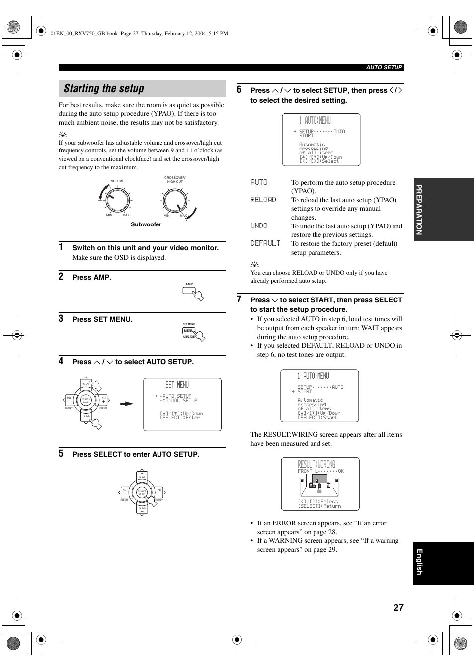 Starting the setup, Set menu, 1 auto:menu | Result:wiring | Yamaha DSP-AX750SE User Manual | Page 29 / 91