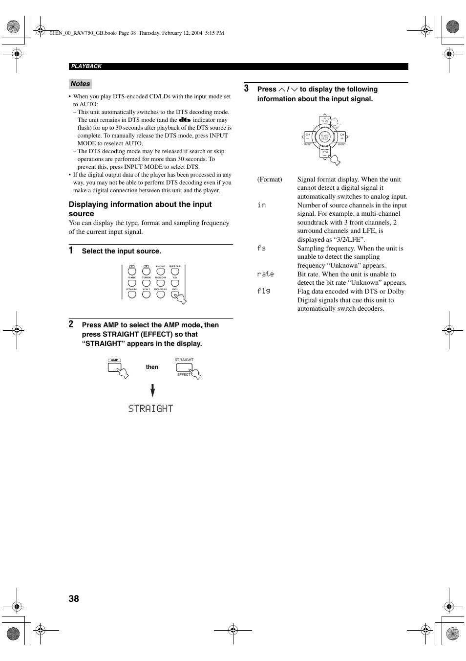 Straight 3, Displaying information about the input source, Select the input source | Yamaha DSP-AX750SE User Manual | Page 40 / 91