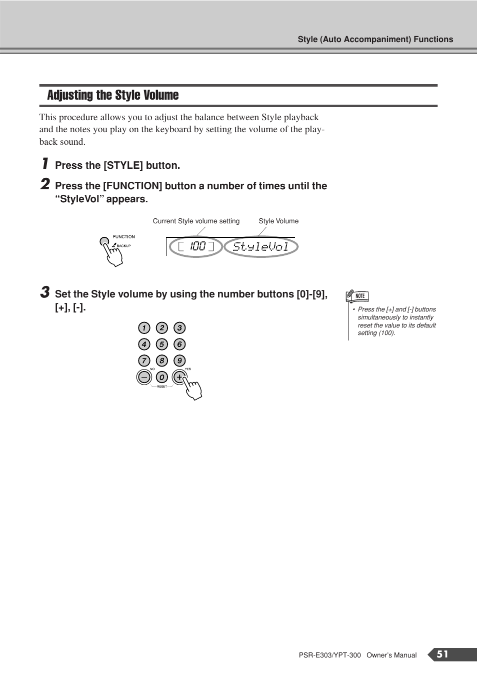 Adjusting the style volume | Yamaha YPT-300 User Manual | Page 51 / 84