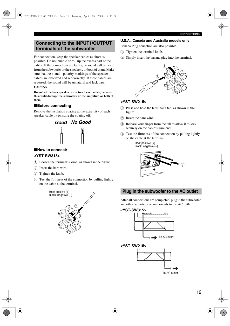 Plug in the subwoofer to the ac outlet | Yamaha YST-SW315 User Manual | Page 15 / 24