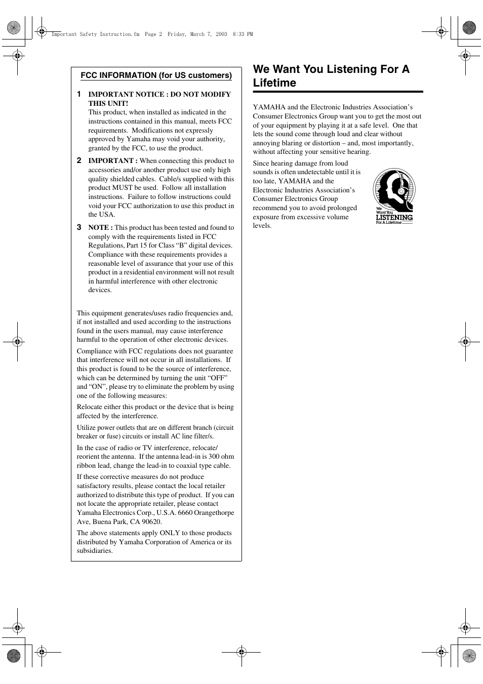 We want you listening for a lifetime | Yamaha YST-SW315 User Manual | Page 3 / 24