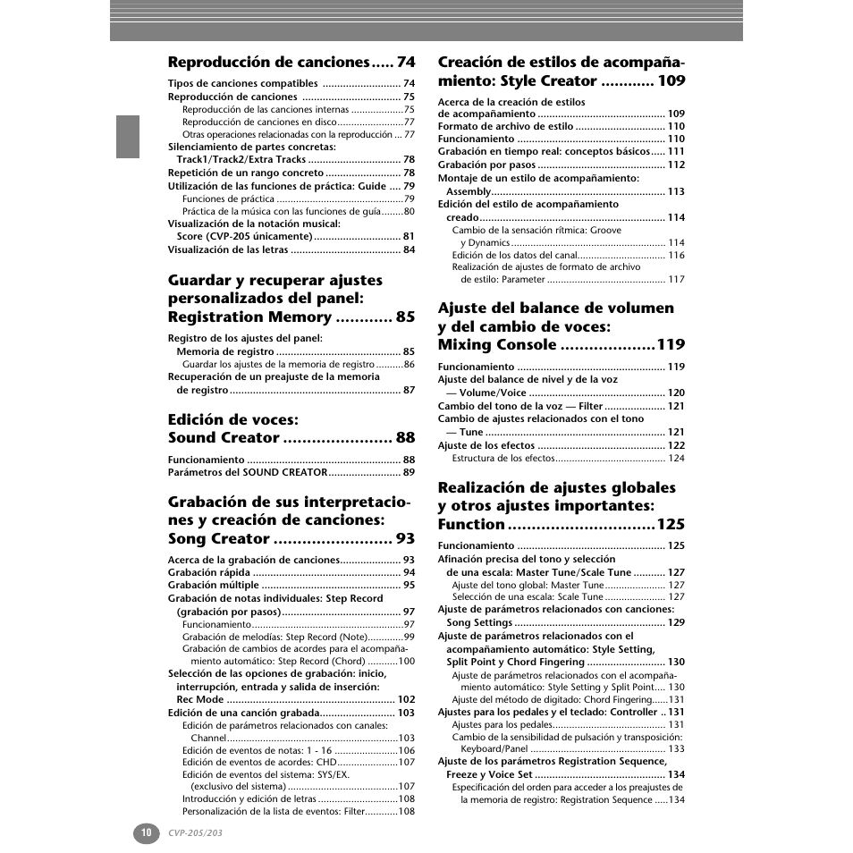 Reproducción de canciones, Edición de voces: sound creator | Yamaha Clavinova CVP-203 User Manual | Page 10 / 169