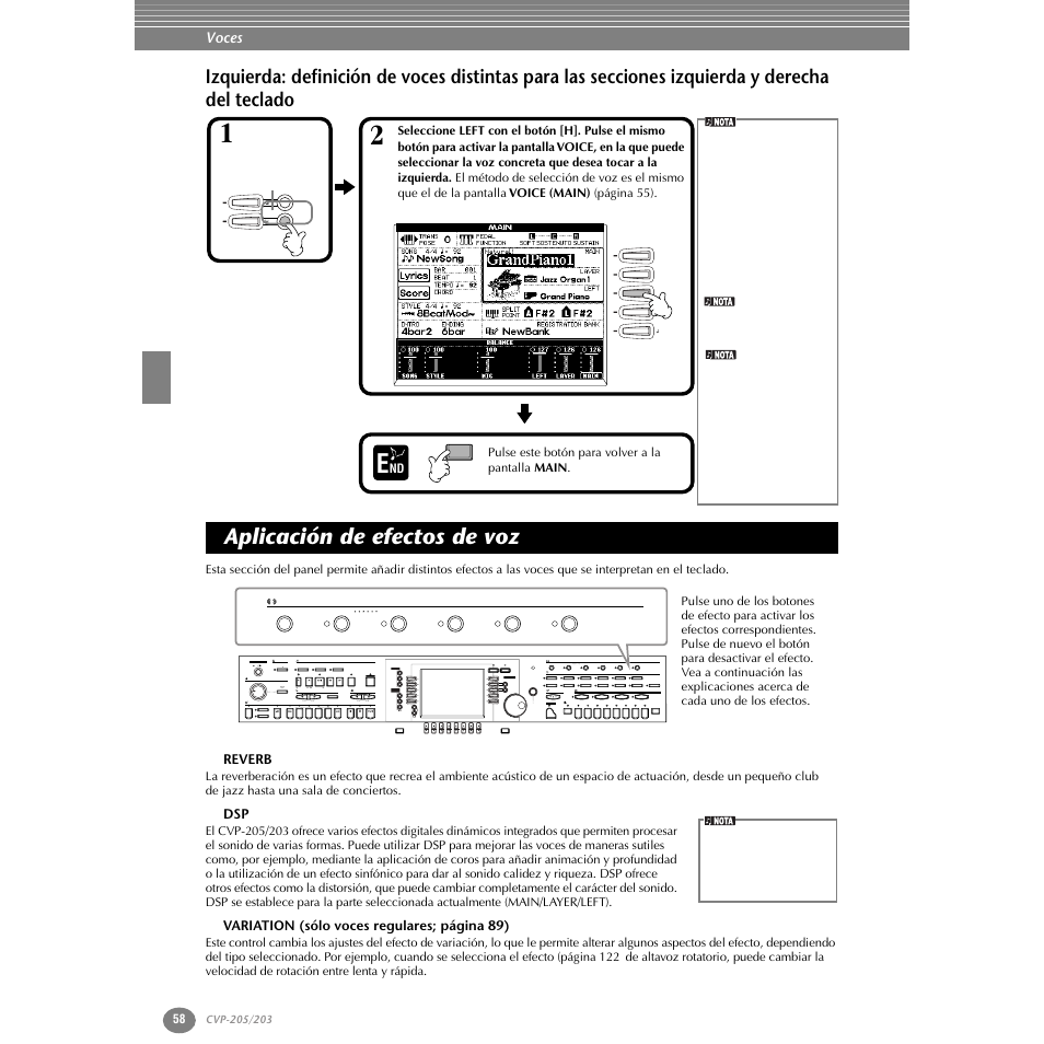Aplicación de efectos de voz, Reverb, Izquierda: definición de voces distintas para las | Secciones izquierda y derecha del teclado, P. 58 | Yamaha Clavinova CVP-203 User Manual | Page 58 / 169