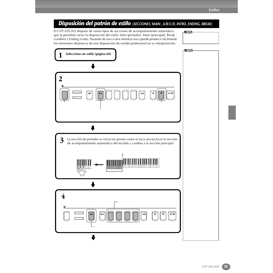 Disposición del patrón de estilo (secciones: main, A/b/c/d, intro, ending, break), P. 65 | Disposición del patrón de estilo, Estilos, Secciones: main , a/b/c/d, intro, ending, break) | Yamaha Clavinova CVP-203 User Manual | Page 65 / 169