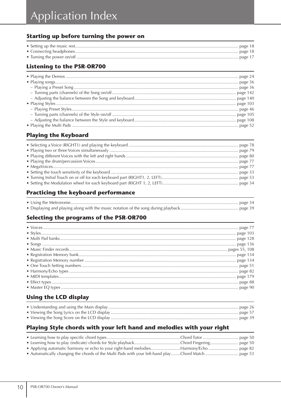 Application index | Yamaha PORTATONE PSR-OR700 User Manual | Page 10 / 196