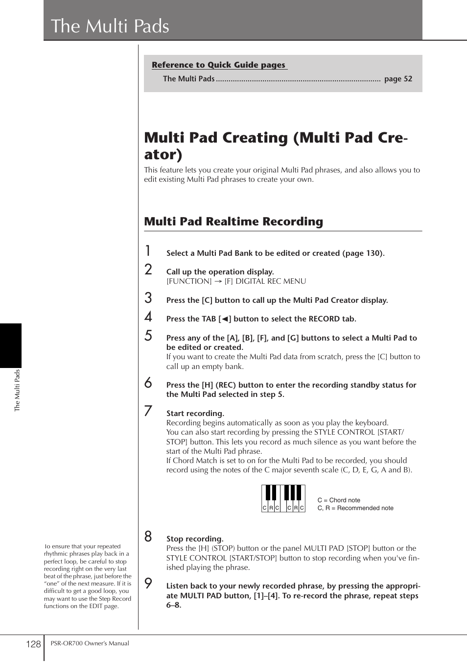 The multi pads, Multi pad creating (multi pad creator), Multi pad realtime recording | P. 128, Multi pad creating (multi pad cre- ator) | Yamaha PORTATONE PSR-OR700 User Manual | Page 128 / 196