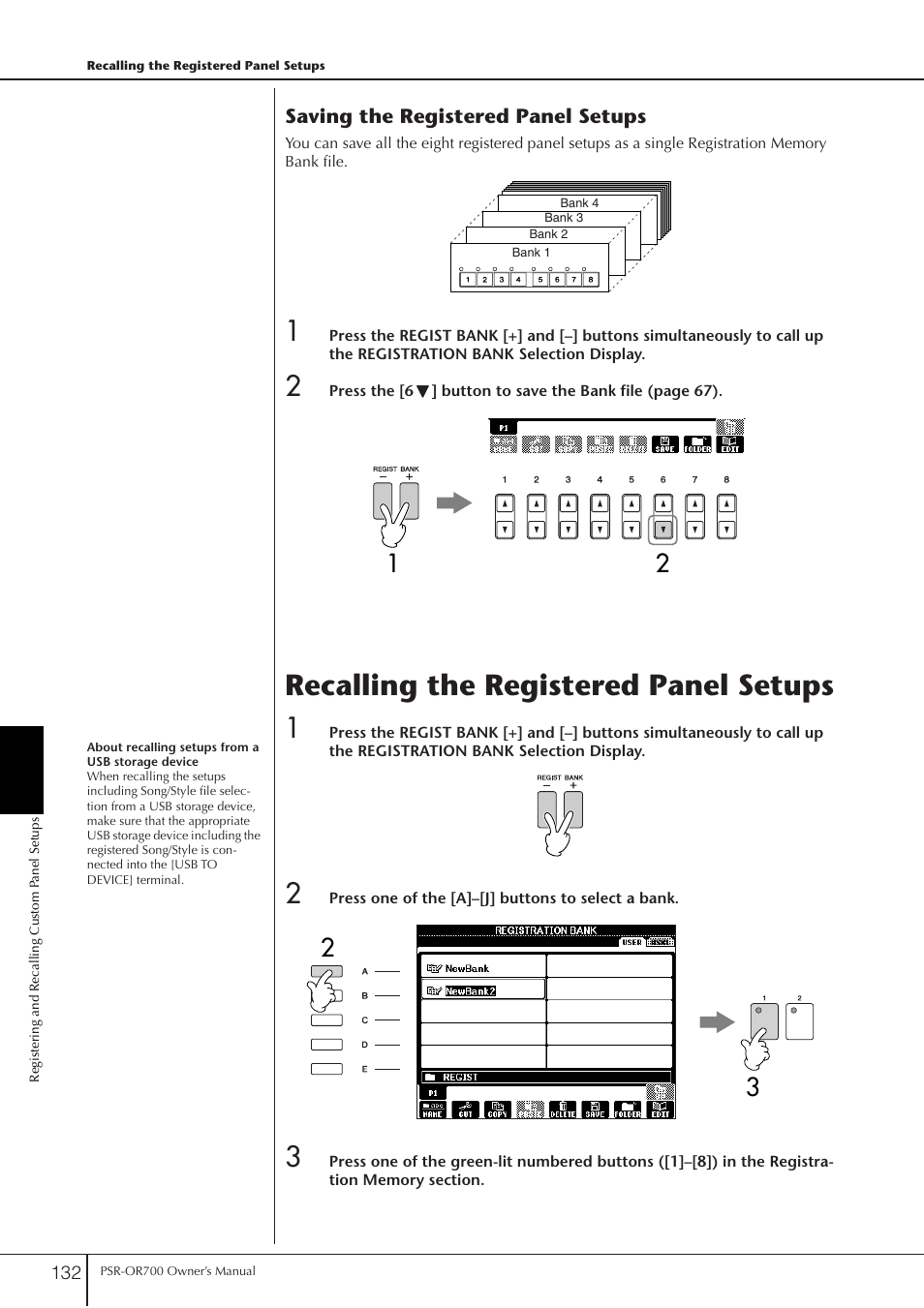 Recalling the registered panel setups, P. 132 | Yamaha PORTATONE PSR-OR700 User Manual | Page 132 / 196