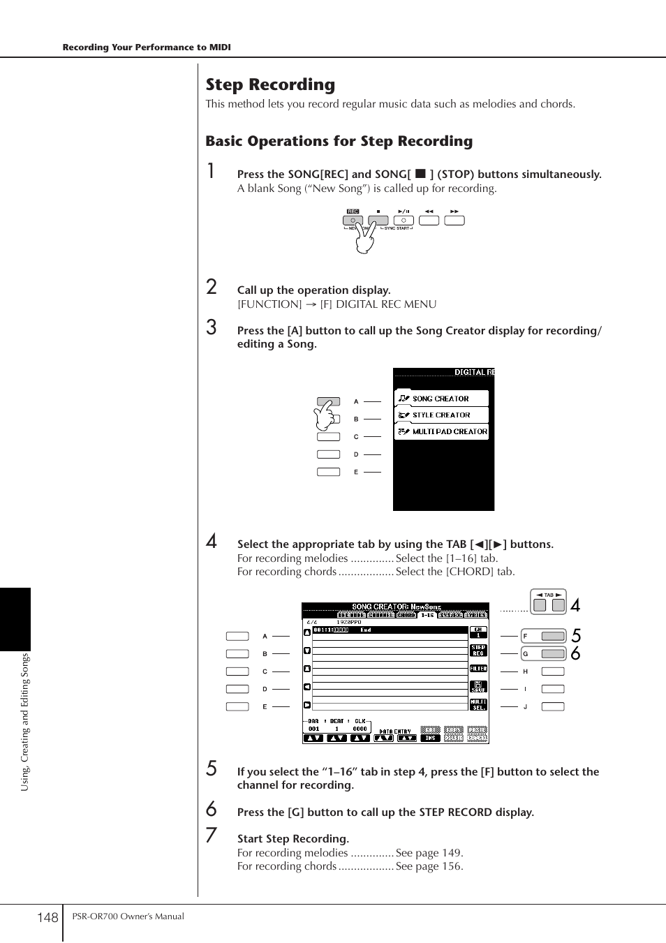 Step recording | Yamaha PORTATONE PSR-OR700 User Manual | Page 148 / 196