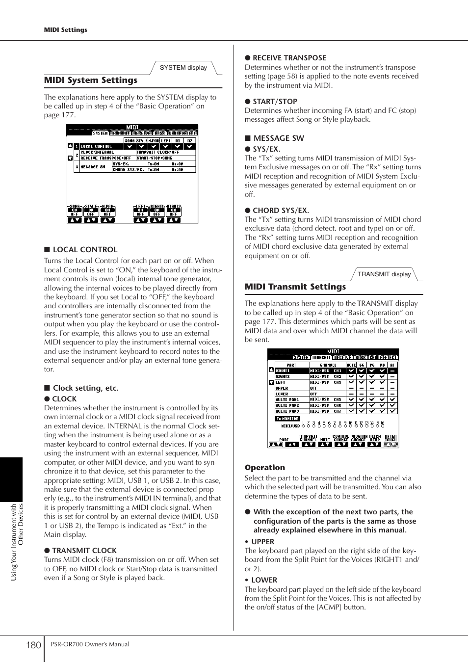 Midi system settings, Midi transmit settings, Midi system settings midi transmit settings | Yamaha PORTATONE PSR-OR700 User Manual | Page 180 / 196