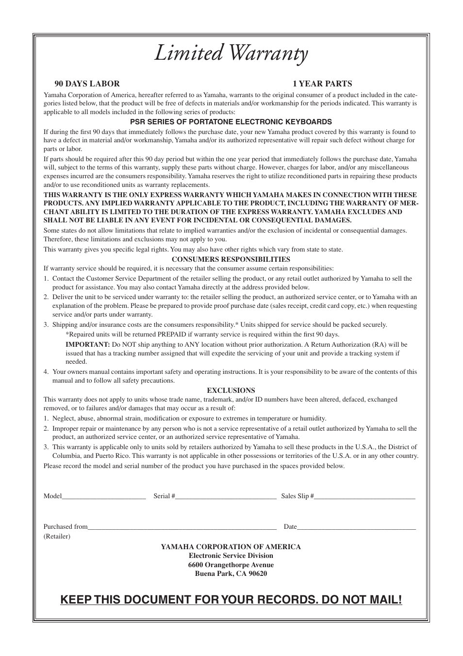 Limited warranty, Keep this document for your records. do not mail | Yamaha PORTATONE PSR-OR700 User Manual | Page 193 / 196